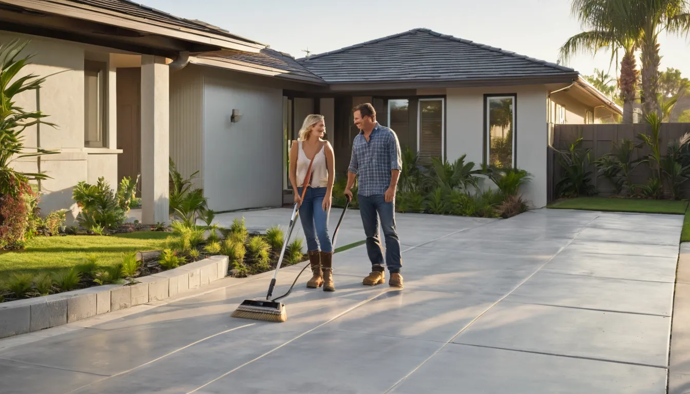 A freshly poured broom-finish concrete driveway leading to a block home with a tile roof in Doral