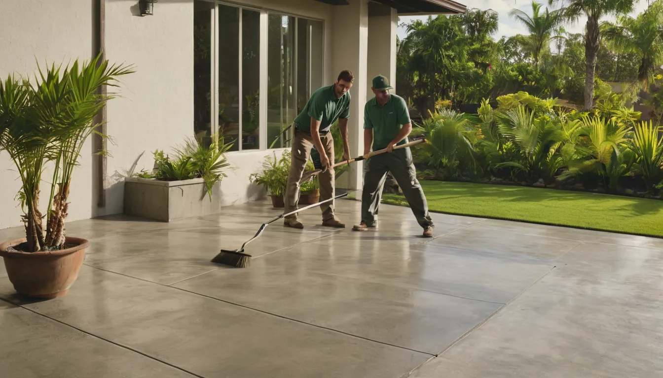 A newly finished concrete patio behind a single-story home in Doral, the Doral area