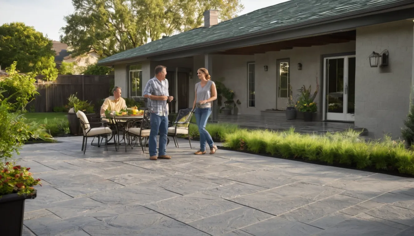 Stamped concrete patio with a slate pattern behind a home in Doral